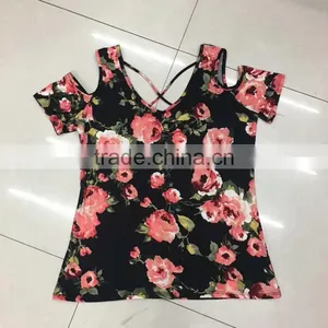 Women Low Price Sexy Cold Shoulder Floral Print Tight T-shirt thumbnail-1