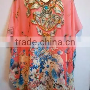 Georgette Print Embellished Kaftan CAFTAN Tunic Poncho Blouse thumbnail-1