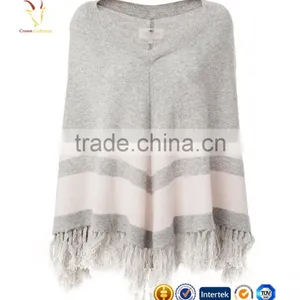 Strips and Tassel Knitted Cashmere Poncho Shawl thumbnail-2