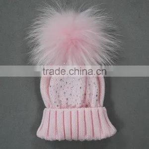Myfur Latest Design Beige Color Turn Up Beanie With Stone Decoration Real Raccoon Fur Pom Pom thumbnail-2