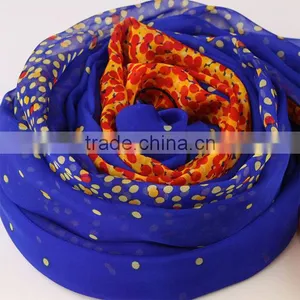 Crystal Blue Silk Scarf With Orange Dot Print - Polka Dot Printed Blue and Orange Silk Scarf thumbnail-1