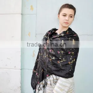 Vintage Black Shawl Scarf, Embroidered Black Shawl, Bohemian Festival Hippie, Headscarf ,Women Accessory thumbnail-4