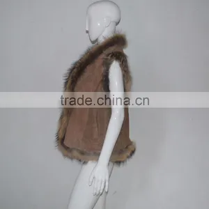 SJ185-01 UK Design Tongxiang Fur Big Raccoon Collar Suede Vests thumbnail-3