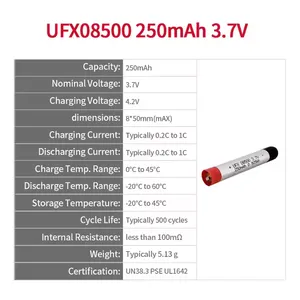 08500 High-Efficiency Cylindrical Lithium Ion Battery 250mAh 3.7V Powerhouse for Portable Gadgets Made in China thumbnail-2