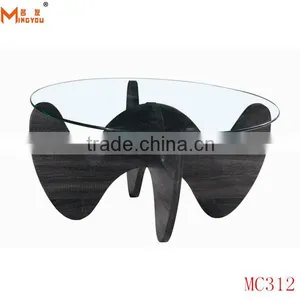 Wood Base Round Glass Top Table Coffee Modern thumbnail-1