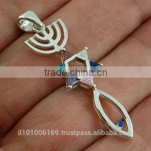 Messianic Seal of Jerusalem Sterling Silver Pendant, Set w Mix Color CZ, P428 thumbnail-2