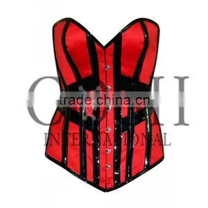 Overbust Steel Boned Corset in Red and Black Satin and PVC Ci-1153 thumbnail-1