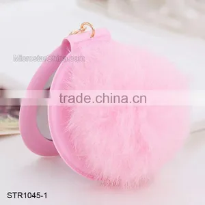 Promotional Gift 8cm Real Rabbit Fur Pocket Makeup Mirror Keychain thumbnail-1