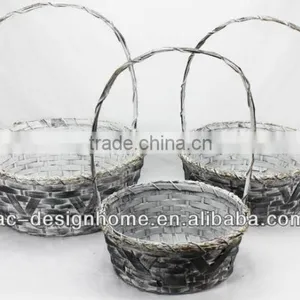 S/3 BLACK WASH ROUND BAMBOO CHIP BASKET W/HANDLE thumbnail-1