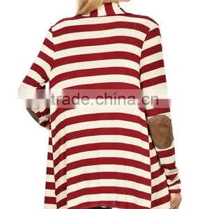 OEM Latest Designs Multi-color Women Fashion Stripe Elbow-Patch Open Front Cardigan Sweaters thumbnail-4