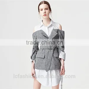 2017 New Design Cold Shoulder Long Sleeve Fake 2 Piece Shirt thumbnail-3