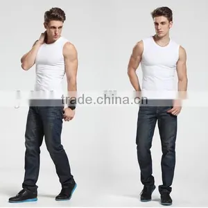 2016 Men's Wide Shoulder 100% Cotton Vest Sleeveless Fitness Elastic Tank Top Male Vest Factory Sale thumbnail-3