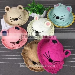 Pretty Lovely Kids Straw Hat Cat Ears Hand-woven Soft Straw Hats Baby Cartoon Cap Summer Straw Sunbonnet Infants Children Mz-255 thumbnail-1