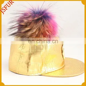 Luxury Gold Colour Spring Hat Raccoon Pompom Fur Cap thumbnail-1