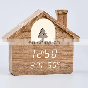 House Styling LED Light Christmas Home Decorate Temperature Humidity Display LED Alarm Clock WIth Voice Control thumbnail-1