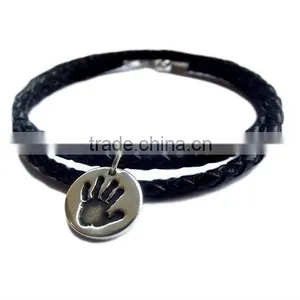 Black Genuine Leather Fingerprint Charm Bracelet thumbnail-1