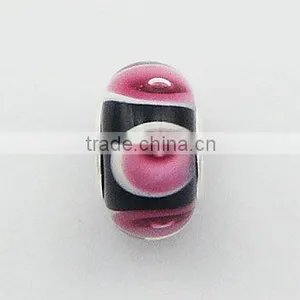 Intriguing Pinks On White In Black Murano Glass Bead thumbnail-1