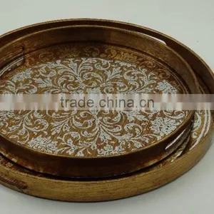 Antique Painted Round Wooden Mirror Tray With Flower Printing thumbnail-1