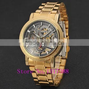New Fashion Gold Skeleton Watch Men Luury Brand Self Wind Mechanical Wristwatches Male Stainless Steel Analog Clock W125 thumbnail-2