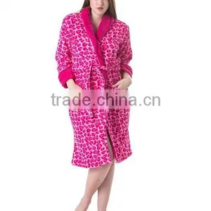 Women's Solid Collar Animal Print Plush Robe--Pink thumbnail-1