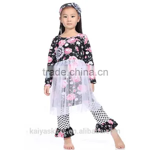 2016 Cotton Floral Print Chiffon Dress and Frill Pant Wholesale Children Clothes thumbnail-1