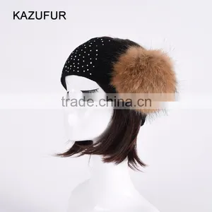 Girls Cotton Knitted Head Band With Beads Raccoon Fur Ball Heaad Band KZ160089 thumbnail-1