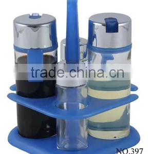 Color Plastic Cruet Bottles, Glass Oil Vinegar Bottles With Plastic Holder thumbnail-1