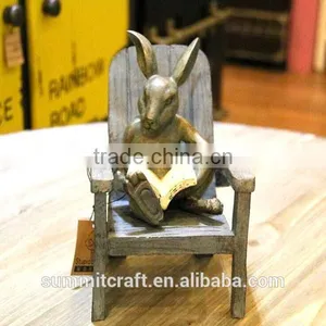 Plate Bronze Reading Antique Resin Rabbit Statues thumbnail-1