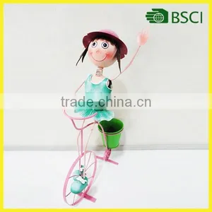 Happy Girl Ride Bicycle Metal Crafts With Flower Pot thumbnail-1