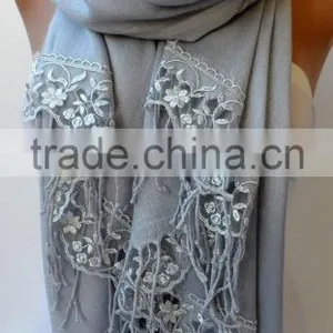 Silver Gray French Lace Light Gray Pashmina Shawls Soft Lightweight Scarf Bridesmaid Pashmina Women Wedding Trend Feminine Gifts thumbnail-1