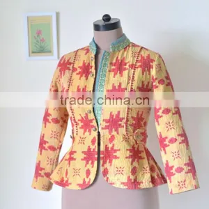 Handmade Kantha Boho Jacket in Green & Burnt Orange Print ~ Small thumbnail-1