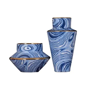 Electroplate Chinese Modern Simple Blue White Stripe Ceramic Vase Art For Living Room thumbnail-5