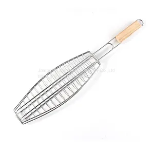 BBQ Fish Grill Basket Chrome Plated BBQ Barbecue Grill Accessories Mesh Wire Fish Basket With Wood Handle thumbnail-2