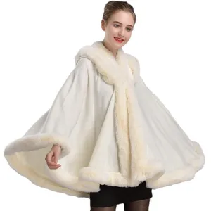 European and American Autumn and Winter New Imitation Otter Rabbit Fur Collar Hooded Shawl Cloak Loose Jacket for Women thumbnail-4