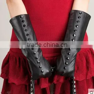 Women's Winter Sheepskin Long Leather Gloves With Studs/rivet thumbnail-1