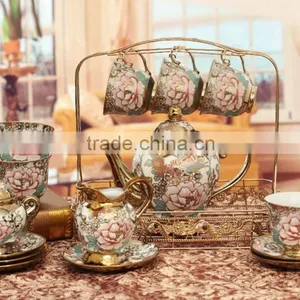Hot Sell Electric Golden Porcelain Tea Set Teapot Sugar Bowl Creamer Cups and Saucers Metal Holder 15 Pcs 17pcs Tea Set thumbnail-1