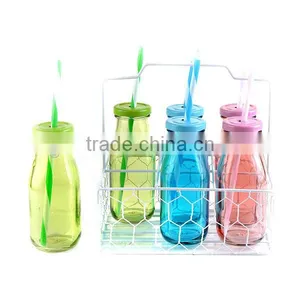 Mini Color Milk Bottles With Straw and Iron Frame thumbnail-2
