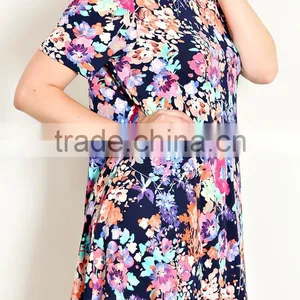 India Boutique Wholesale Dress 95% POLYESTER 5% SPANDEX FLORAL PRINT TRAPEZE TEE DRESS Beach Wear Tunic thumbnail-3