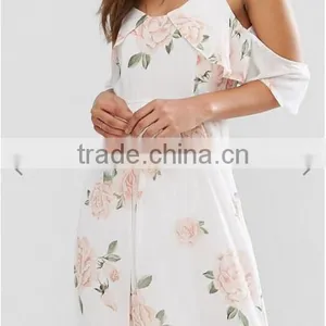 Guangzhou Wholesale Clothing OEM Cold Shoulder Rose Floral Fresh Dresses thumbnail-5