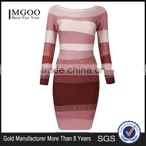 MGOO Wholesale Custom Made OEM/ODM Women Bandage Dress Long Sleeves Spandex Thick Stripe Knee Length Vestidos H234 thumbnail-4