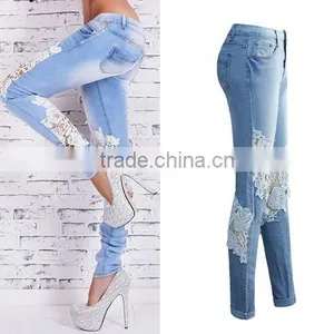 High Waist Girls Jeans Hollow Lace Patchwork Light Blue New Women Sex Pants thumbnail-2