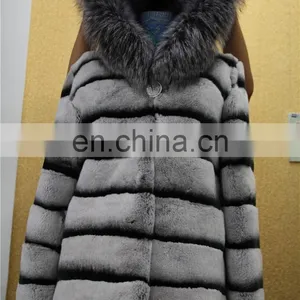 Wholesale New Long Style Womens Winter Fur Coat Whole Skin Real Rex Rabbit Silver Fur Coats With Hood thumbnail-2