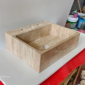 High Quality Rectangular Travertine Marble Factory Custom Vessel Sink Handmade Stone Vanity Bathroom Basin Hotels Villas Garden thumbnail-4