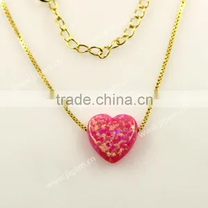 Fashion Synthetic 12mm Pink Heart Opal Stone 18K Gold Plated 925 Silver Necklace Jewelry thumbnail-3