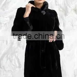 Rex14054 Lady Classic Rex Rabbit Fur Coat Black Stand Collar thumbnail-1