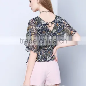 Latest Fashion Design Backless Chiffon V-neck Priting Slim Fit Shirts Ladies Tops thumbnail-4