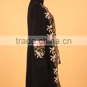 Retro Flowers Embroidered Long Sleeve Black Slim Long European Elegant Women Coat thumbnail-2