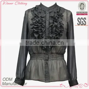 Good Quality Women Black Color Fashion Sheer Chiffon Blouse With Ruffle thumbnail-1
