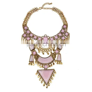 Fashion Women Pink Arcylic Gems Gold Plated Alloy Necklace Jewelry thumbnail-2