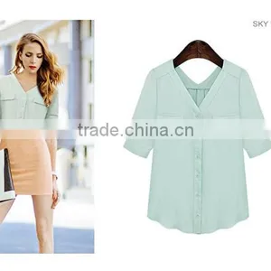 New Design 2 Colors Choice V Neck Short Sleeve Plus Size Women Chiffon Fabric Shirt thumbnail-1